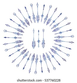 Vector set of calligraphic elements for design. Hand drawn vintage arrows and round frame. Ethnic, boho or rustic design. Hand drawn art. Blue watercolor style, isolated on white 