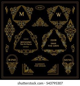 Vector set of calligraphic elements for design. Triangle template for logo, monogram, menu, vine labels, wedding invitation. Grapes, bottles of wine, glasses, vine, candles. Premium gold style