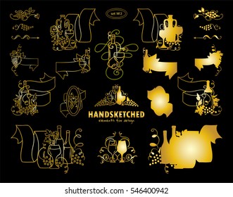 Vector set of calligraphic elements for design. Hand drawn sketch collection, vintage arrows, wave dividers, ribbons. Ornate and silhouette option. Bottles of wine, grapes, glasses. Premium gold