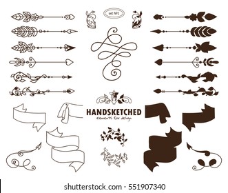Vector set of calligraphic elements for design. Hand drawn vintage arrows, wave dividers and ribbons. Ornate and silhouette option. Hand drawn art, classic sepia color isolated on white 