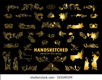 Vector set of calligraphic elements for design. Hand drawn vintage arrows, wave dividers, ribbon. Ornate and silhouette option. Vine, grapes, bottles, wine elements, premium gold style