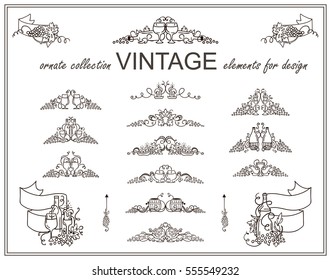 Vector set of calligraphic elements for design. Vintage ornamental arrows, wave line, dividers, decorative borders, ribbons, symbols. Bottles of wine, grapes, candles, glasses. Classical sepia color