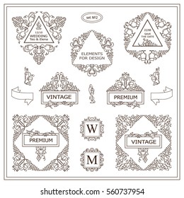 Vector set of calligraphic elements for design. Triangle template for logo, monogram, menu, vine labels, wedding invitation. Grapes, bottles of wine, glasses, vine, candles in hand draw style