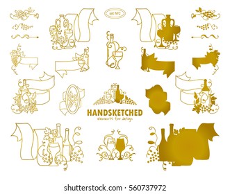 Vector set of calligraphic elements for design. Hand drawn sketch collection, vintage arrows, wave dividers, ribbons. Ornate and silhouette option. Bottles of wine, grapes, glasses. Metal gold color