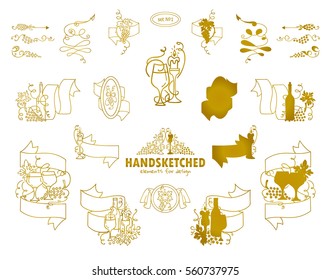 Vector set of calligraphic elements for design. Hand drawn sketch collection, vintage arrows, wave dividers, ribbons. Ornate and silhouette option. Bottles of wine, grapes, glasses. Metal gold color