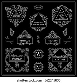 Vector set of calligraphic elements for design. Triangle template for logo, monogram, menu, vine labels, wedding invitation. Grapes, bottles of wine, glasses, vine, candles. Chalkboard style