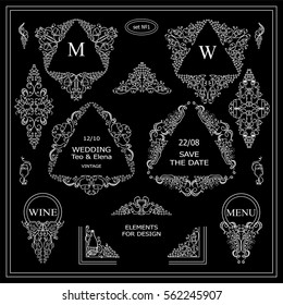Vector set of calligraphic elements for design. Triangle template for logo, monogram, menu, vine labels, wedding invitation. Grapes, bottles of wine, glasses, vine, candles. Chalkboard style
