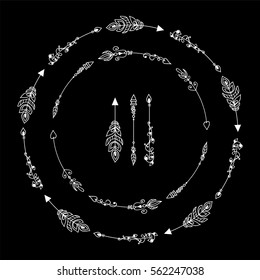 Vector set of calligraphic elements for design. Hand drawn vintage arrows and round frame. Ethnic, boho or rustic design. Hand drawn art. Chalkboard style, black and white colors