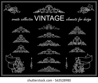 Vector set of calligraphic elements for design. Vintage ornamental arrows, wave line, dividers, decorative borders, ribbons, symbols. Bottles of wine, grapes, candles, glasses. Chalkboard style