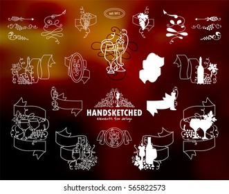 Vector set of calligraphic elements for design. Hand drawn sketch collection, vintage arrows, wave dividers, ribbons. Ornate and silhouette option. Bottles of wine, grapes, glasses. White line 