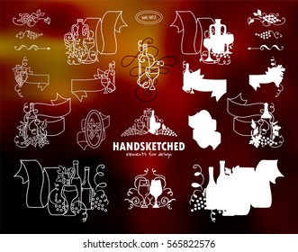 Vector set of calligraphic elements for design. Hand drawn sketch collection, vintage arrows, wave dividers, ribbons. Ornate and silhouette option. Bottles of wine, grapes, glasses. White line