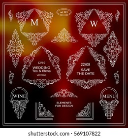 Vector set of calligraphic elements for design. Triangle template for logo, monogram, menu, vine labels, wedding invitation. Grapes, bottles of wine, glasses, vine, candles. White line sketch 