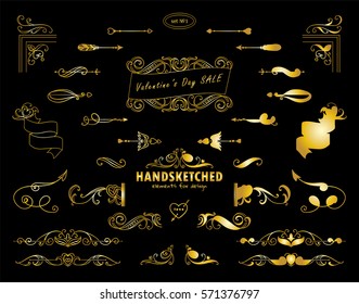 Vector set of calligraphic elements for design. Vintage valentine day set of arrows, wave dividers, ribbons. Ornate and silhouette option. Hand drawn sketch collection. Premium gold style