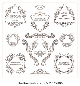 Vector set of calligraphic elements for design. Triangle and rectangle template for logo, monogram, wedding or engagement invitation, vintage valentines day card. Ornate hand drawn style