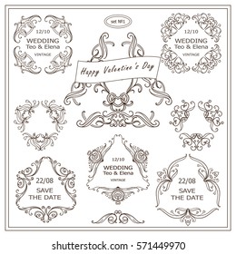 Vector set of calligraphic elements for design. Triangle and rectangle template for logo, monogram, wedding or engagement invitation, vintage valentines day card. Ornate hand drawn style