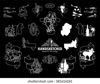 Vector set of calligraphic elements for design. Hand drawn sketch collection, vintage arrows, wave dividers, ribbons. Ornate and silhouette option. Bottles of wine, grapes, glasses. Chalkboard style