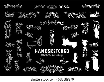 Vector set of calligraphic elements for design. Hand drawn vintage arrows, wave dividers, ribbon. Ornate and silhouette option. Vine, grapes, bottles, wine elements, chalkboard style 