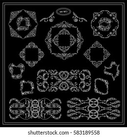 Vector set of calligraphic elements for design. Square, rectangle, section, module, template for logo, monogram, frames, boxes, vignette. Chalkboard elements consisting of bird feathers  