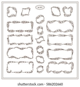 Vector set of calligraphic elements for design. Square, rectangle, section, module, template for logo, monogram, frames, boxes, vignette. Ornate elements consisting of bird feathers