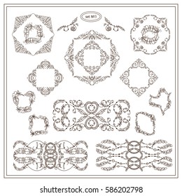 Vector set of calligraphic elements for design. Square, rectangle, section, module, template for logo, monogram, frames, boxes, vignette. Ornate elements consisting of bird feathers