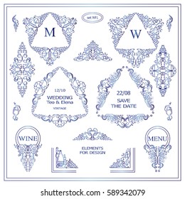 Vector set of calligraphic elements for design. Triangle template for logo, monogram, menu, vine labels, wedding invitation. Grapes, bottles of wine, glasses, vine, candles. Blue watercolor style 