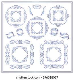 Vector set of calligraphic elements for design. Square, rectangle, section, module, template for logo, monogram, frames, boxes, vignette. Blue watercolor elements consisting of bird feathers