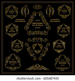 Vector set of calligraphic elements for design. Triangle template for logo, monogram, wedding or engagement invitation in boho, ethnic style. Ornate gold elements consisting of feathers, beads 