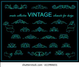 Vector set of calligraphic elements for design. Vintage ornamental wave triangles, dividers, decorative borders, ribbons. Hand drawn lovely elements, hearts and leaves. Ocean blue colors