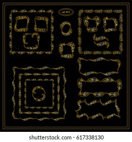Vector set of calligraphic elements for design. Square, rectangle, section, module, template for logo, monogram, frames, boxes, vignette. Gold elements consisting of bird feathers