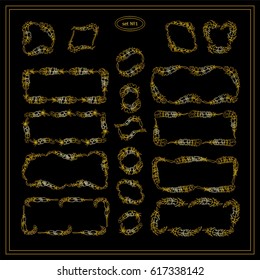 Vector set of calligraphic elements for design. Square, rectangle, section, module, template for logo, monogram, frames, boxes, vignette. Gold elements consisting of bird feathers