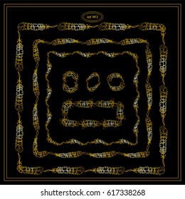 Vector set of calligraphic elements for design. Square, rectangle, section, module, template for logo, monogram, frames, boxes, vignette. Gold elements consisting of bird feathers
