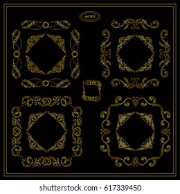 Vector set of calligraphic elements for design. Square, rectangle, section, module, template for logo, monogram, frames, boxes, vignette. Gold elements consisting of bird feathers