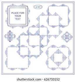 Vector set of calligraphic elements for design. Set of square frames, rectangle, section, module, template for logo, monogram, boxes, vignette. Steampunk art, blue watercolor style. Set 5 from 6