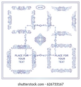 Vector set of calligraphic elements for design. Set of square frames, rectangle, section, module, template for logo, monogram, boxes, vignette. Steampunk art, blue watercolor style. Set 2 from 6