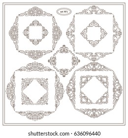 Vector set of calligraphic elements for design. Set of square frames, rectangle, section, module, template for logo, monogram, boxes, vignette. Steampunk style elements  Set 1 from 6 