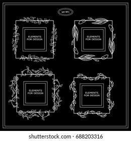 Vector set of calligraphic elements for design. Set of little square frames, rectangles, section, module, template for logo, boxes, advertising and business signs. Chalkboard design, set 1 from 6
