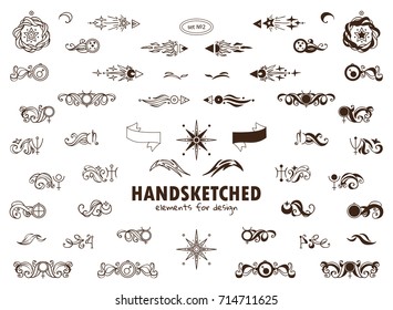 Vector set of calligraphic elements for design. Hand drawn vintage arrows, wave dividers, ribbon. Ornate and silhouette option.  Abstract Stars, planets signs and more space elements, sepia colors