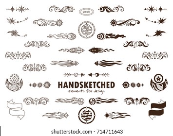Vector set of calligraphic elements for design. Hand drawn vintage arrows, wave dividers, ribbon. Ornate and silhouette option.  Abstract Stars, planets signs and more space elements, sepia colors