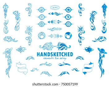 Vector set of calligraphic elements for design, blue watercolor style. Arrows, wave dividers, ribbon. Ornate and silhouette option.  Abstract Stars, shuttle, comet and more space elements