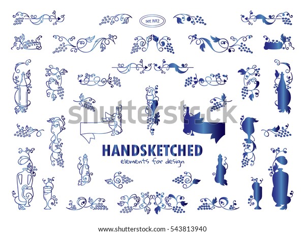 Vector set\
of calligraphic elements for design. Hand drawn vintage arrows,\
wave dividers, ribbon. Ornate and silhouette option. Vine, grapes,\
bottles, wine elements, blue watercolor\
style
