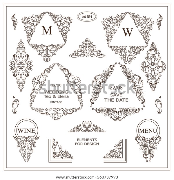 Vector set of calligraphic elements for design.\
Triangle template for logo, monogram, menu, vine labels, wedding\
invitation. Grapes, bottles of wine, glasses, vine, candles in hand\
draw style