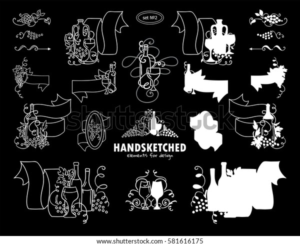 Vector set of calligraphic elements for design.\
Hand drawn sketch collection, vintage arrows, wave dividers,\
ribbons. Ornate and silhouette option. Bottles of wine, grapes,\
glasses. Chalkboard\
style