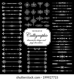 Vector set of calligraphic elements on the black background