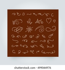 Vector set of calligraphic elements, ornaments for page decoration. Decorative silhouettes for wedding cards and invitations. Vintage and filigree decoration, curl and swirly line.