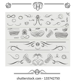 Vector set of  calligraphic elements and page decoration including dividers, baroque shapes and rococo shell motives, classic curves and curly lines