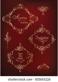 Vector set of calligraphic elements and page decoration. Collection of golden vintage frames and flourishes. For calligraphy graphic design, postcard, menu, wedding invitation, romantic style.