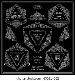 Vector set of calligraphic elements. Triangles frame, template for logo, monogram, wedding or engagement invitation in ornate vintage style. Steampunk design, chalkboard style. Set 2 from 3 