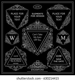 Vector set of calligraphic elements. Triangles frame, template for logo, monogram, wedding or engagement invitation in ornate vintage style. Steampunk design, chalkboard style. Set 1 from 3 