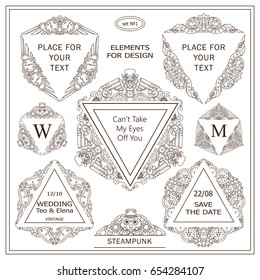 Vector set of calligraphic elements. Triangles frame, template for logo, monogram, wedding or engagement invitation in ornate vintage style. Steampunk design, set 1 from 3