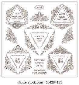 Vector set of calligraphic elements. Triangles frame, template for logo, monogram, wedding or engagement invitation in ornate vintage style. Steampunk design, set 1 from 3
